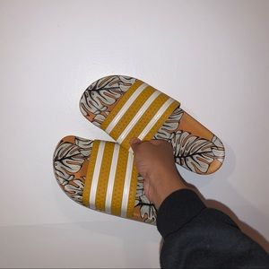 yellow floral adidas slides